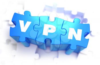 VPN - White Word on Blue Puzzles on White Background. 3D Illustration.