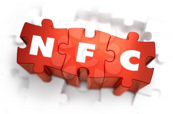 NFC - White Word on Red Puzzles on White Background. 3D Render. 