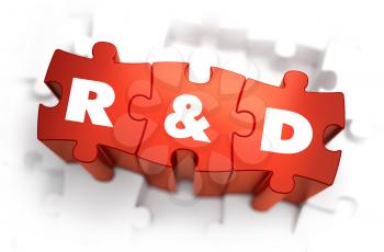 Research and Development - White Word on Red Puzzles on White Background. 3D Render. 