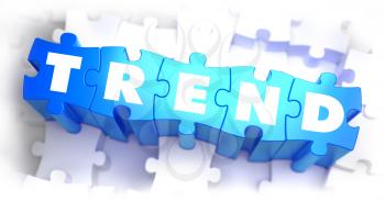 Trend - White Word on Blue Puzzles on White Background. 3D Illustration.