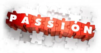 Passion - White Word on Red Puzzles on White Background. 3D Render. 