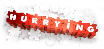 Hurrying - Text on Red Puzzles with White Background. 3D Render. 