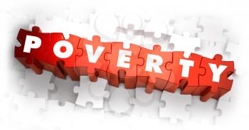 Poverty - White Word on Red Puzzles on White Background. 3D Render. 