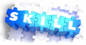 Skill - White Word on Blue Puzzles on White Background. 3D Render. 