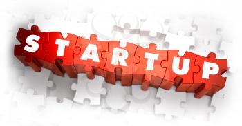 Startup - Text on Red Puzzles with White Background. 3D Render. 