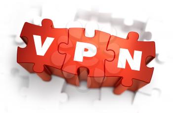 VPN - White Word on Red Puzzles on White Background. 3D Illustration.