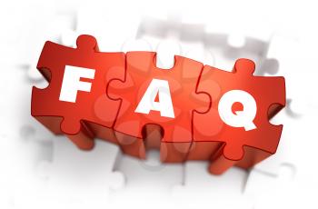 FAQ - Text on Red Puzzles with White Background. 3D Render. 