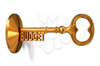 Budget - Golden Key is Inserted into the Keyhole Isolated on White Background