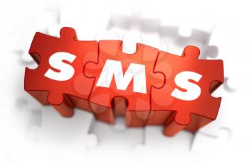 SMS - Text on Red Puzzles with White Background. 3D Render. 