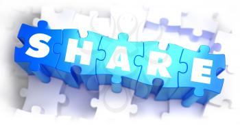 Share - White Word on Blue Puzzles on White Background. 3D Render. 