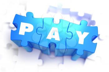 Pay - Text on Blue Puzzles on White Background. 3D Render. 