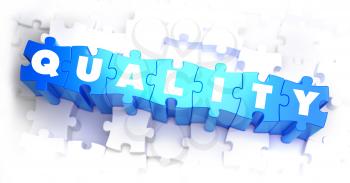 Quality - White Text on Blue Puzzles on White Background and Selective Focus. 3D Render. 