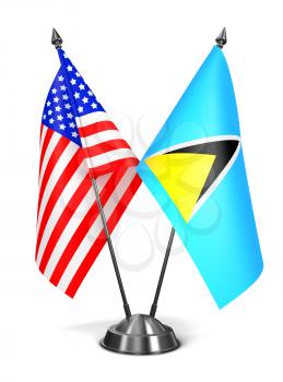 USA and Saint Lucia - Miniature Flags Isolated on White Background.