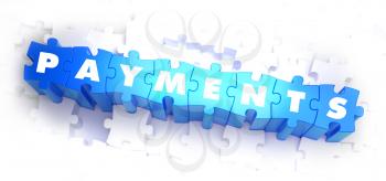 Payments - Text on Blue Puzzles on White Background. 3D Render. 