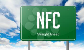 NFC - Highway Signpost on Sky Background.