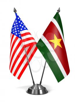 USA and Suriname - Miniature Flags Isolated on White Background.