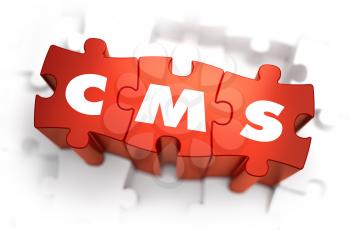 CMS- White Word on Red Puzzles on White Background. 3D Illustration.