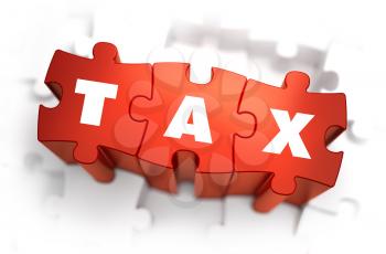 Tax - White Word on Red Puzzles on White Background. 3D Illustration.