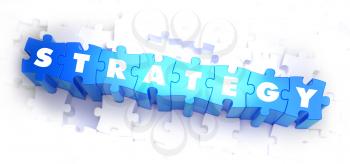 Strategy - White Word on Blue Puzzles on White Background. 3D Illustration.