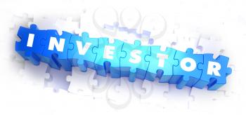Investor - White Word on Blue Puzzles on White Background. 3D Illustration.