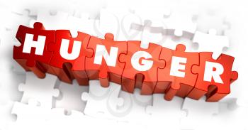 Hunger - Text on Red Puzzles with White Background. 3D Render. 