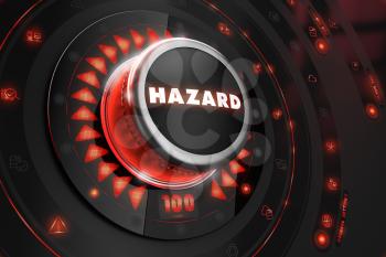 Hazard Controller on Black Control Console with Red Backlight. Danger or Risk Control Concept.