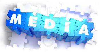 Media - Word on Blue Puzzles on White Background. 3D Render. 