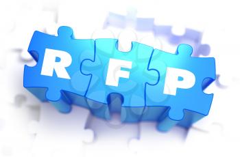 RFP - Request for Proposal - Abbreviation on Blue Puzzles on White Background. 3D Render. 