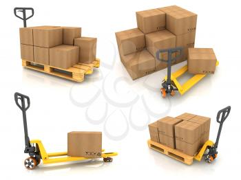 Warehouse Concept. Set of 3D Pallet Truck and Cardboard Boxes.