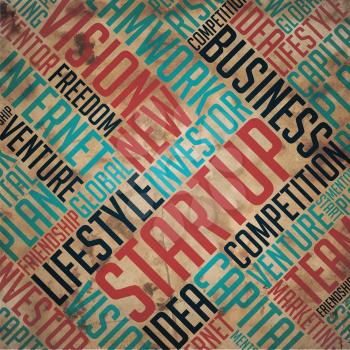 Startup - Red Word on Grunge Word Collage on Old Fulvous Paper.