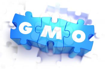 GMO - Genetically Modified Organism - White Abbreviation on Blue Puzzles on White Background. 3D Illustration.