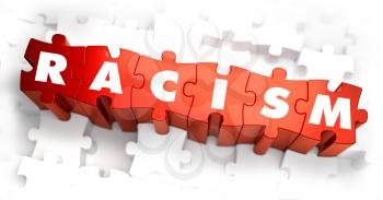 Racism - White Word on Red Puzzles on White Background. 3D Render. 