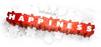 Happiness - Text on Red Puzzles with White Background. 3D Render. 