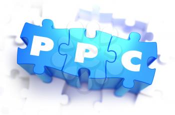 PPC - Text on Blue Puzzles on White Background. 3D Render. 