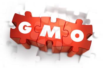 GMO - Text on Red Puzzles with White Background. 3D Render. 