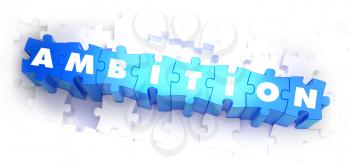 Ambition - White Word on Blue Puzzles on White Background. 3D Illustration.