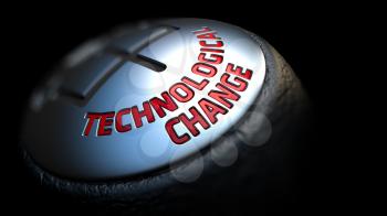 Technological Change - Red Text on Black Gear Shifter with Leather Cover. Close Up View. Selective Focus.