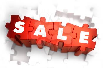 Sale - White Word on Red Puzzles on White Background. 3D Render. 