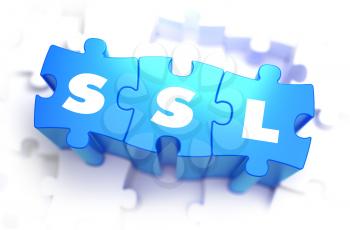 SSL - Secure Sockets Layer - Text on Blue Puzzles on White Background. 3D Render. 