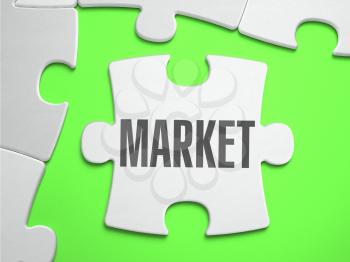 Market - Jigsaw Puzzle with Missing Pieces. Bright Green Background. Close-up. 3d Illustration.