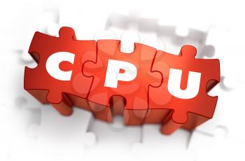 CPU - Central Processing Unit - White Word on Red Puzzles on White Background. 3D Illustration.