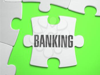 Banking - Jigsaw Puzzle with Missing Pieces. Bright Green Background. Close-up. 3d Illustration.