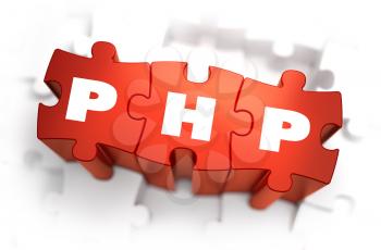 PHP - Hypertext Preprocessor - White Word on Red Puzzles on White Background. 3D Render. 