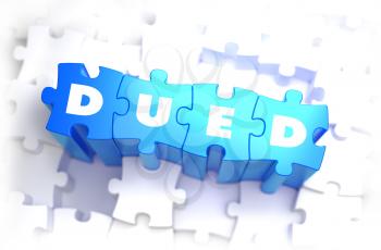 DueD - Due Diligence - White Word on Blue Puzzles on White Background. 3D Illustration.