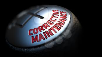 Corrective Maintenance. Shift Knob with Red Text on Black Background. Close Up View. Selective Focus. 3D Render.