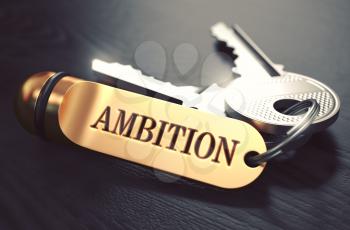 Ambition Concept. Keys with Golden Keyring on Black Wooden Table. Closeup View, Selective Focus, 3D Render. Toned Image.