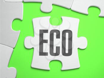 ECO - Jigsaw Puzzle with Missing Pieces. Bright Green Background. Close-up. 3d Illustration.