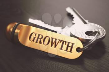 Keys to Growth - Concept on Golden Keychain over Black Wooden Background. Closeup View, Selective Focus, 3D Render. Toned Image.