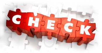 Check - White Word on Red Puzzles on White Background. 3D Illustration.