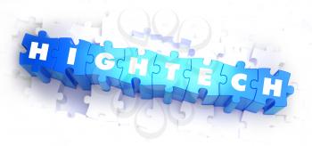 HighTech - Text on Blue Puzzles on White Background. 3D Render. 